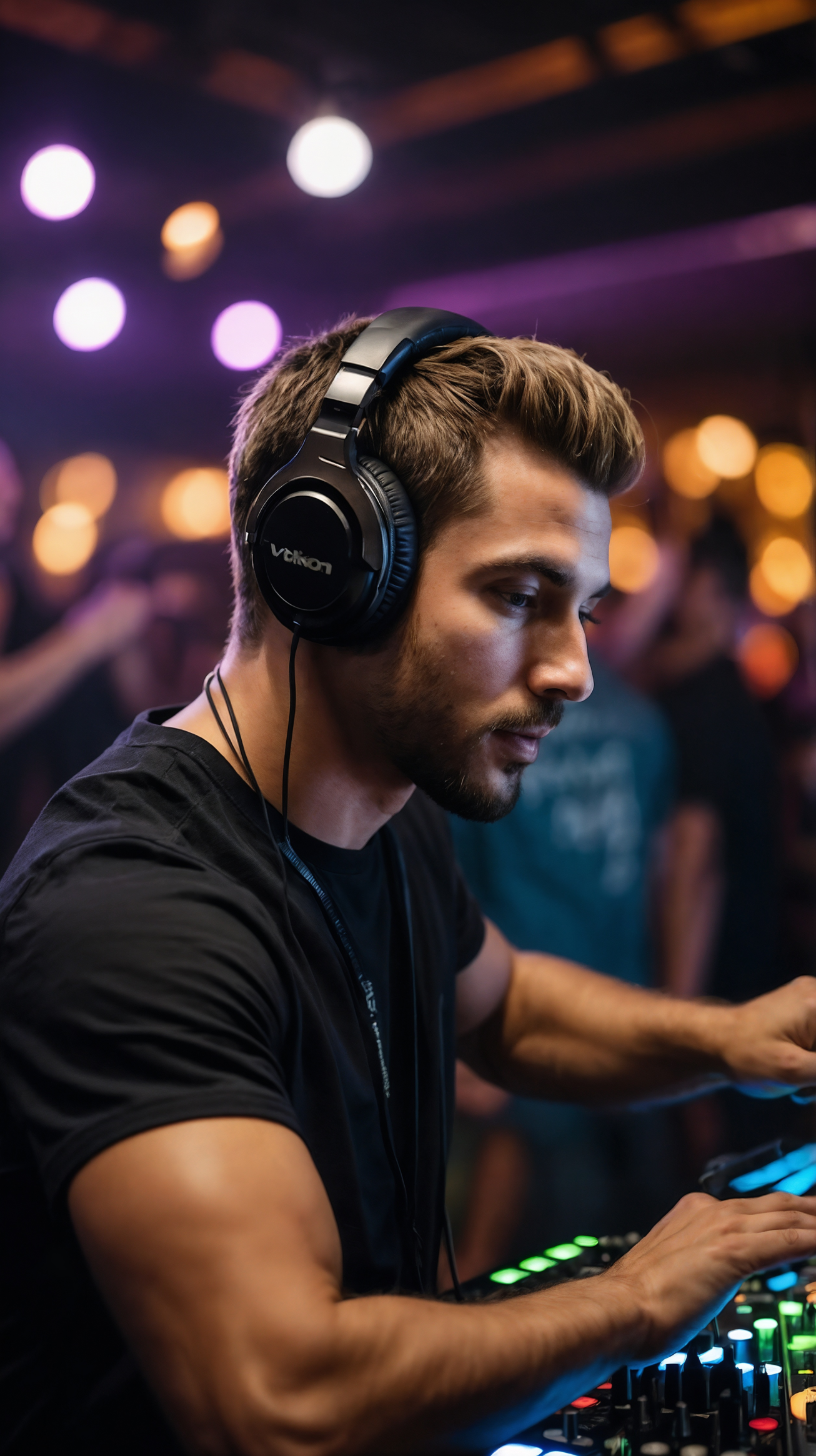 Male DJ in black T-shirt playing music on dance floor with colorful lights and crowd.