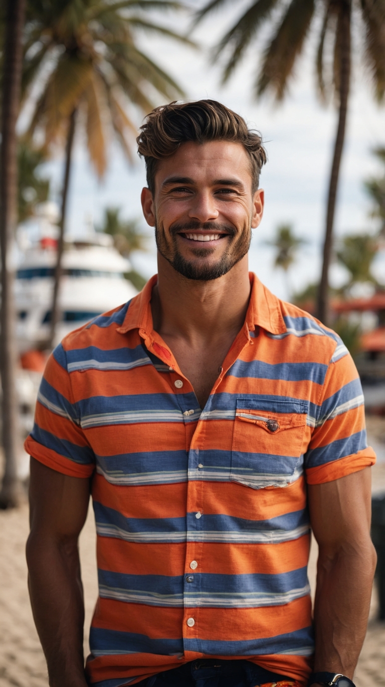 Muscular man in striped shirt smiling on beach with palm trees and yacht in background.