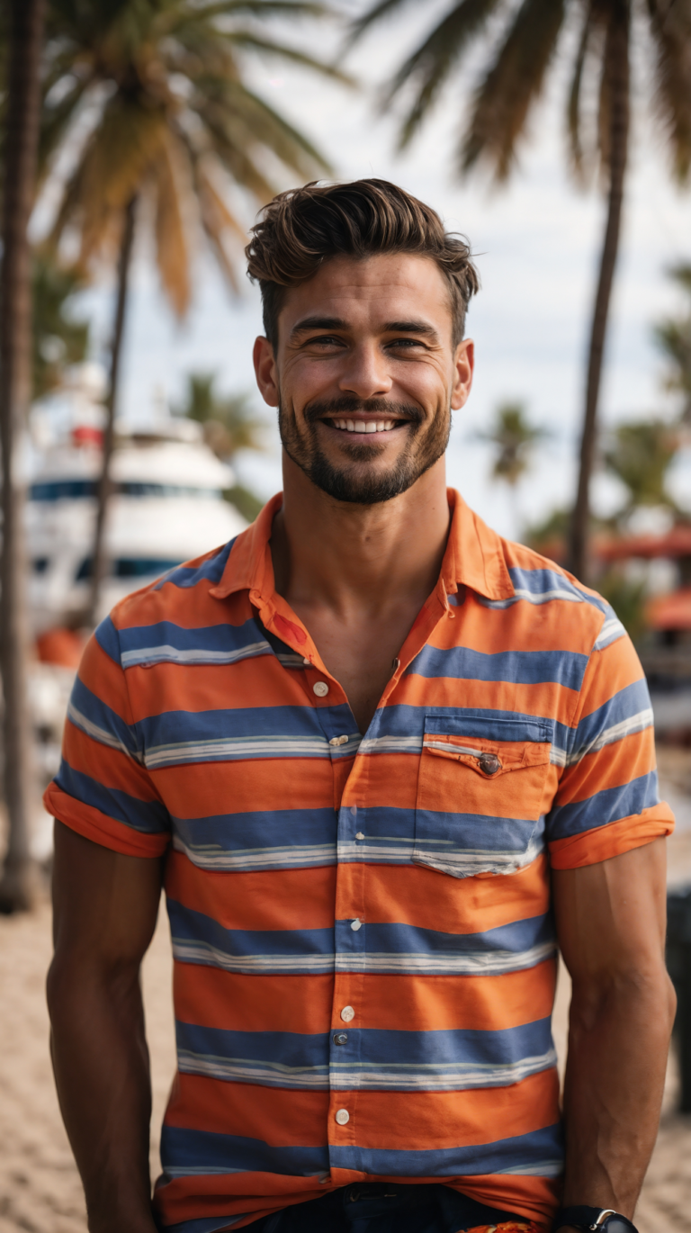 Muscular man in striped shirt smiling on beach with palm trees and yacht in background.