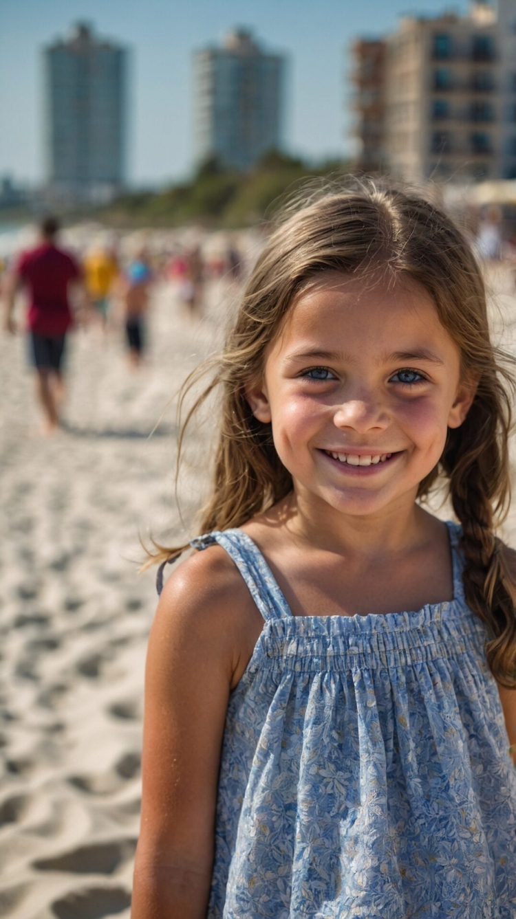 Young girl in blue sundress smiling on beach with braids, crowd, and tall buildings in background.