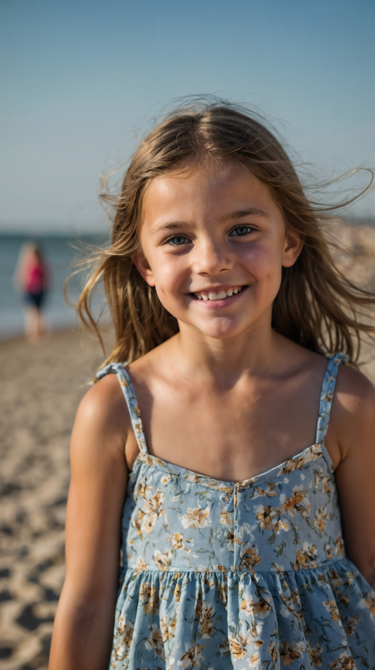 Young blonde girl in blue floral dress smiling on beach with people and clear skies in background.