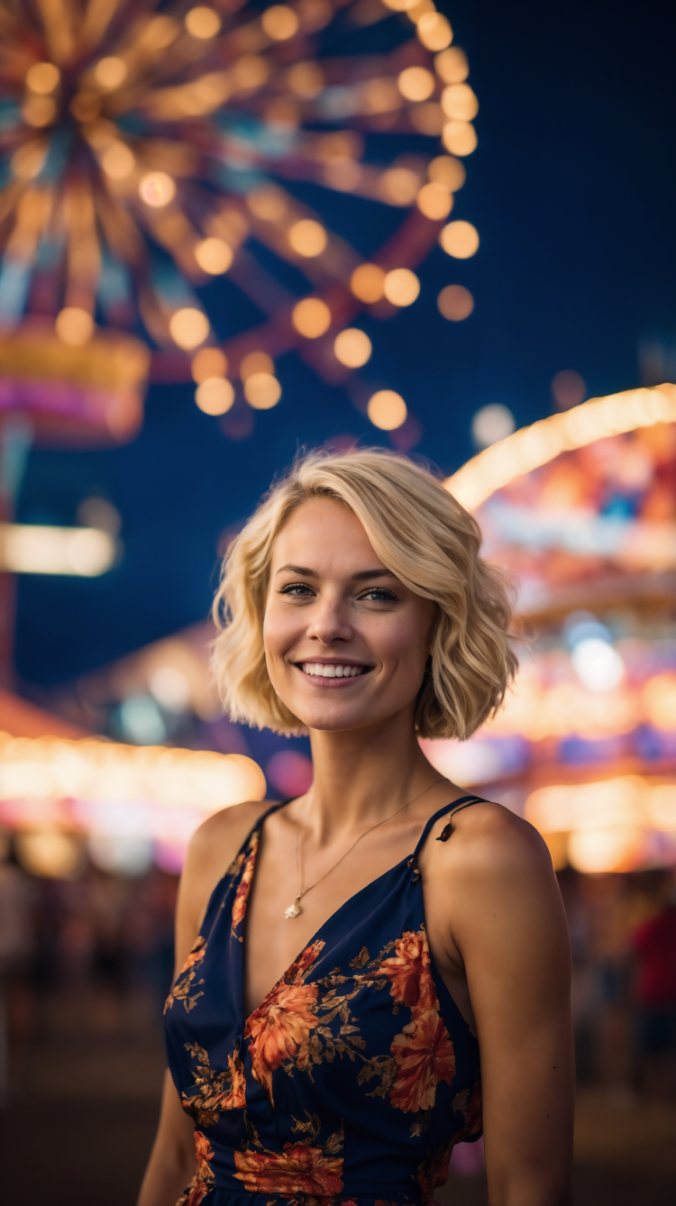 Blonde woman in floral dress smiling at sunset carnival with glowing amusement rides.