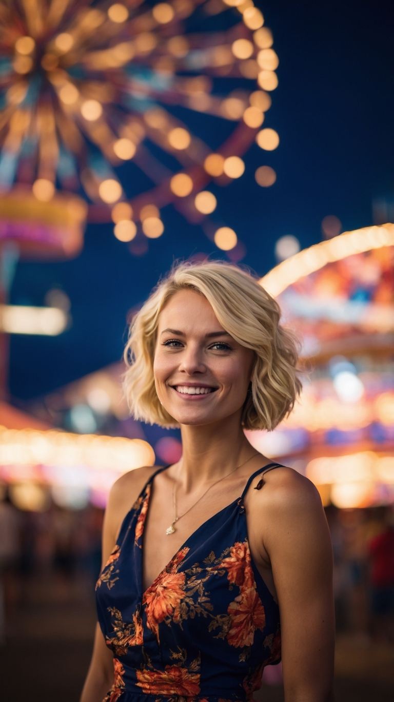 Blonde woman in floral dress smiling at sunset carnival with glowing amusement rides.