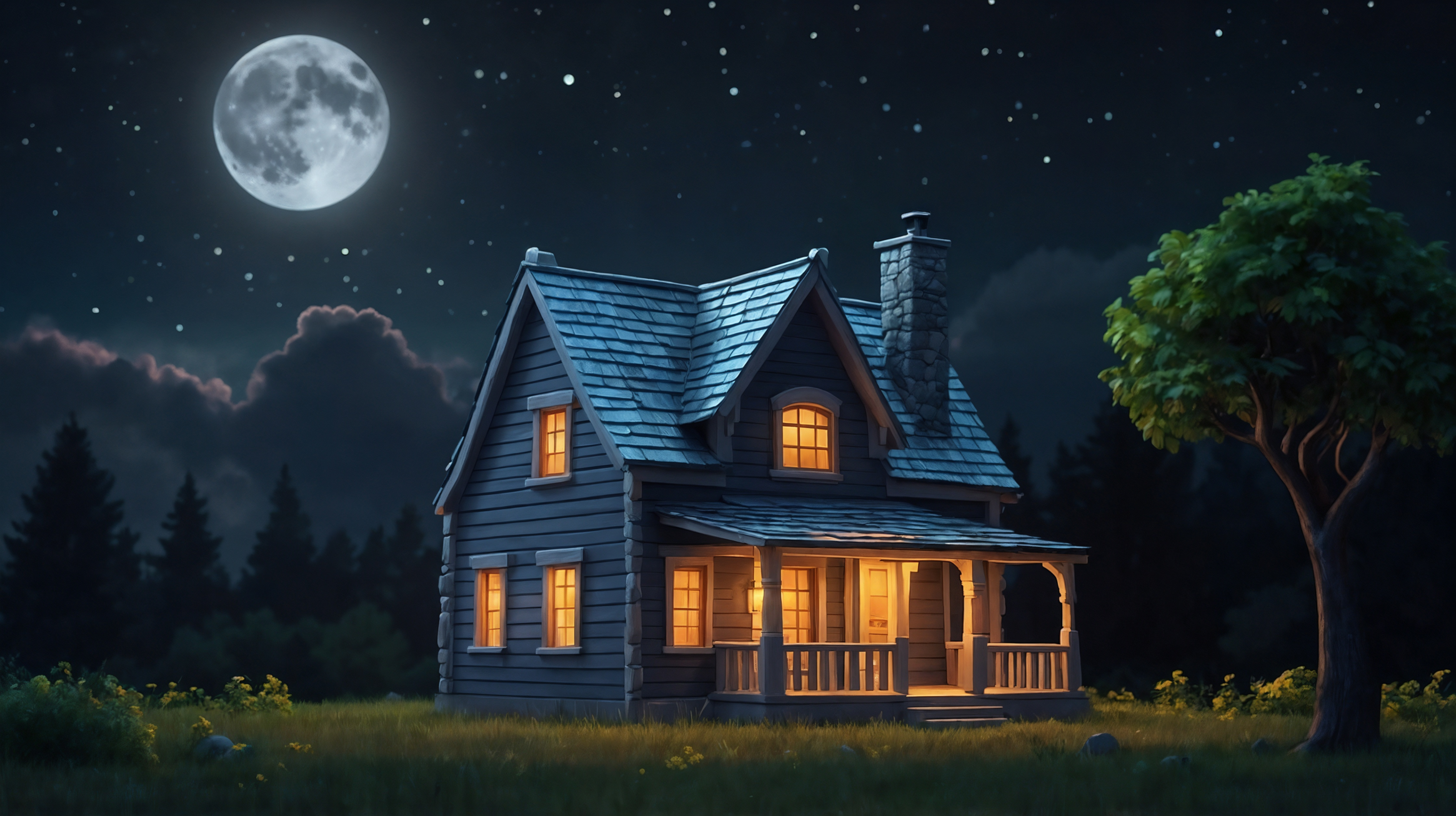 Cozy cartoon cottage with glowing windows, moonlight, chimney smoke, and surrounding trees at night.