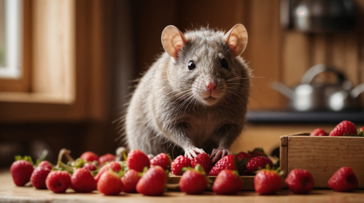 Cute gray rat standing on kitchen table with strawberries and wooden boxes.