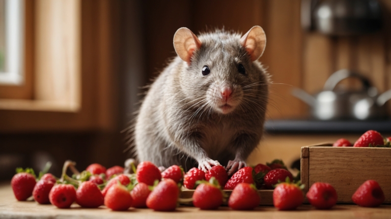 Cute gray rat standing on kitchen table with strawberries and wooden boxes.