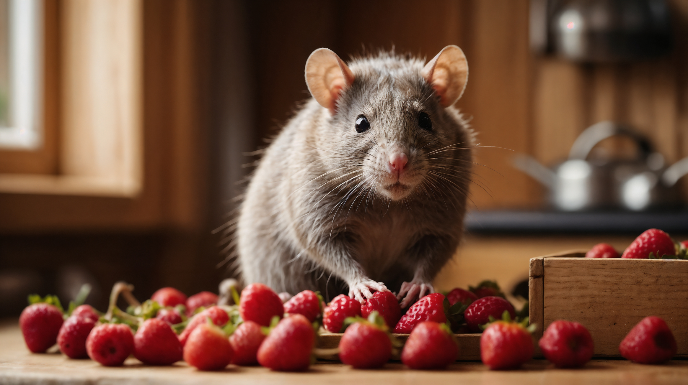 Cute gray rat standing on kitchen table with strawberries and wooden boxes.