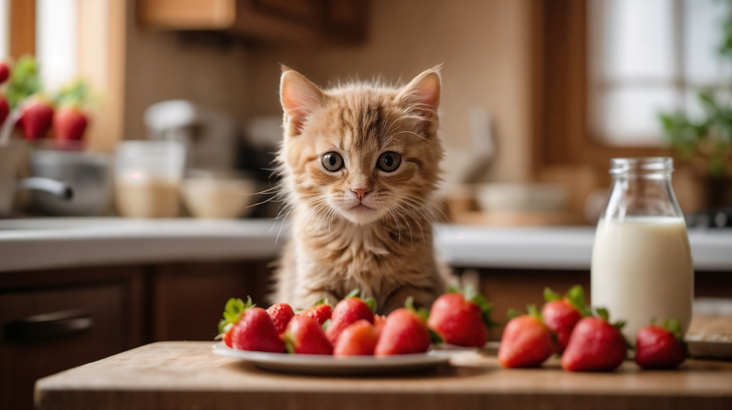 Cute kitten on kitchen table with strawberries and milk, gazing curiously at camera.