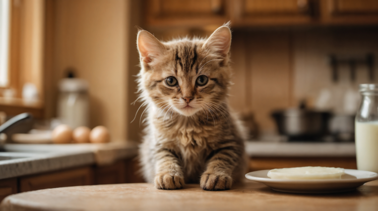 Cute kitten on kitchen table with milk and cheese, looking at camera in warm daylight.