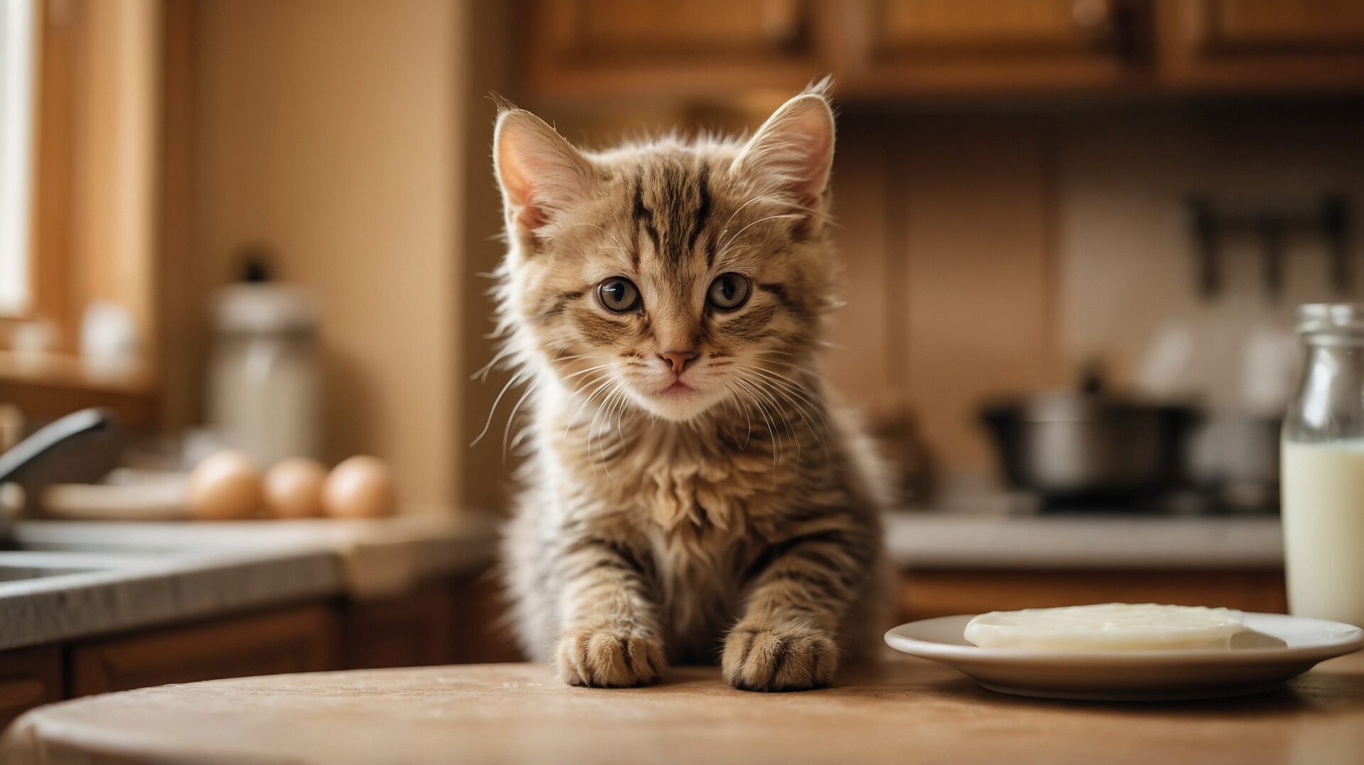 Cute kitten on kitchen table with milk and cheese, looking at camera in warm daylight.