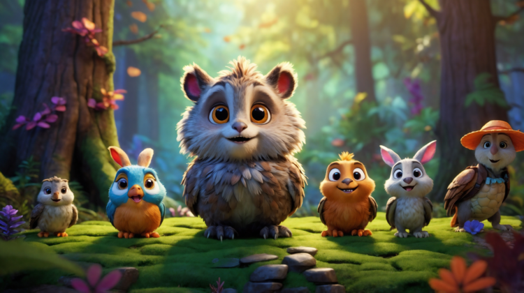 Cute cartoon owl and rabbit in colorful forest with trees, flowers, and grassy ground.