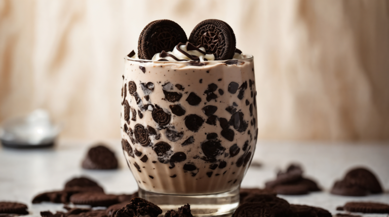 Oreo milkshake with cookie garnish and chocolate chip background in warm beige tones.