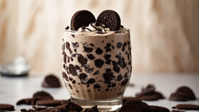 Oreo milkshake with cookie garnish and chocolate chip background in warm beige tones.