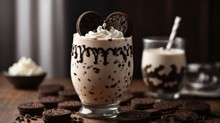 Oreo milkshake in glass with cream cheese swirls, surrounded by chocolate cookies on table.