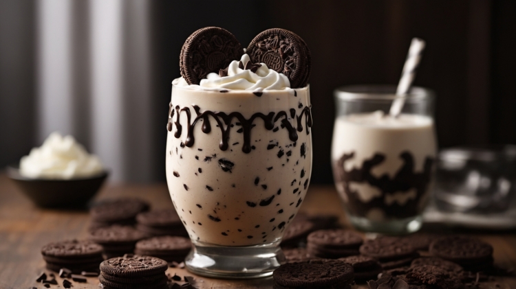 Oreo milkshake in glass with cream cheese swirls, surrounded by chocolate cookies on table.