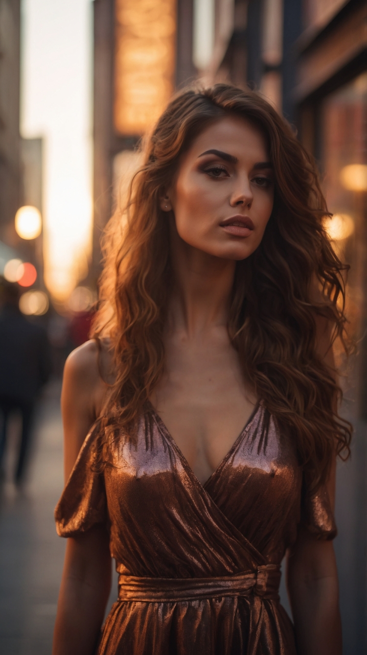 Woman in bronze satin dress with long brown hair standing on street at golden hour.