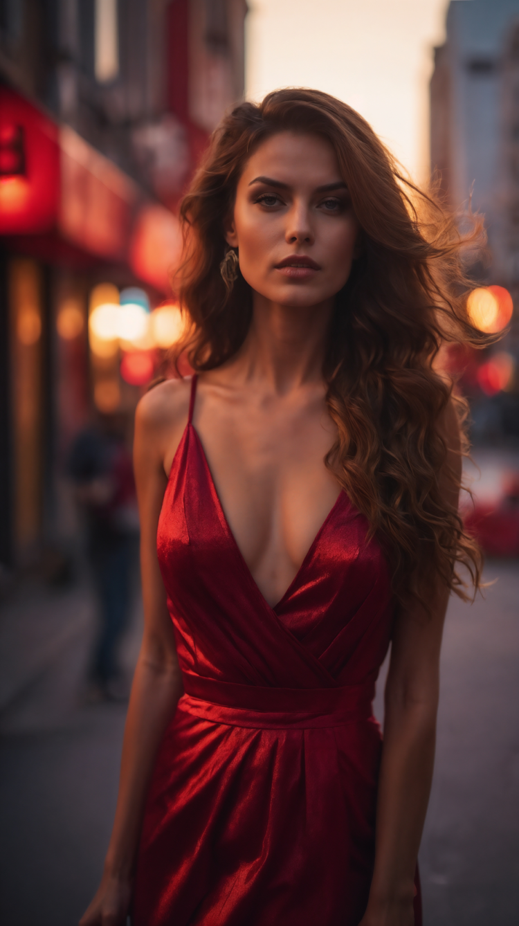 Woman in red dress with long hair posing on city street with golden hour bokeh lights.