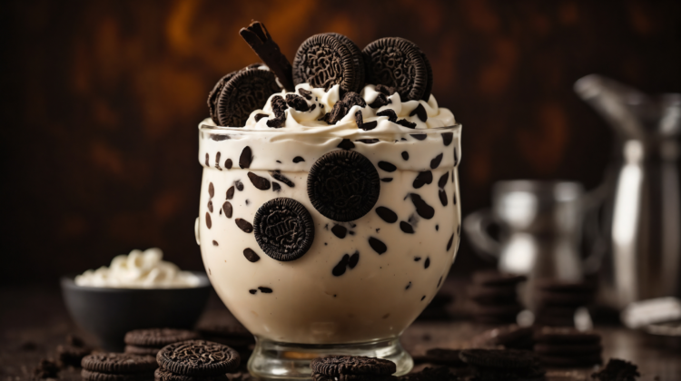 Oreo cookies and cream milkshake with cheese swirls in patterned glass, surrounded by cookie pieces.