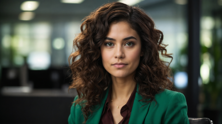 Woman with curly brown hair in green blazer sitting in office, looking at camera.