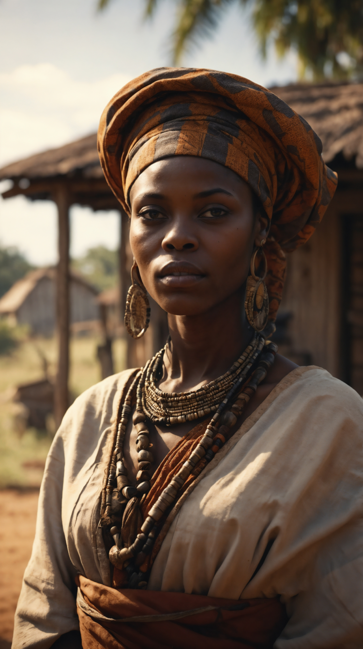 African woman in traditional attire with beads and earrings standing in village square under clear sky.