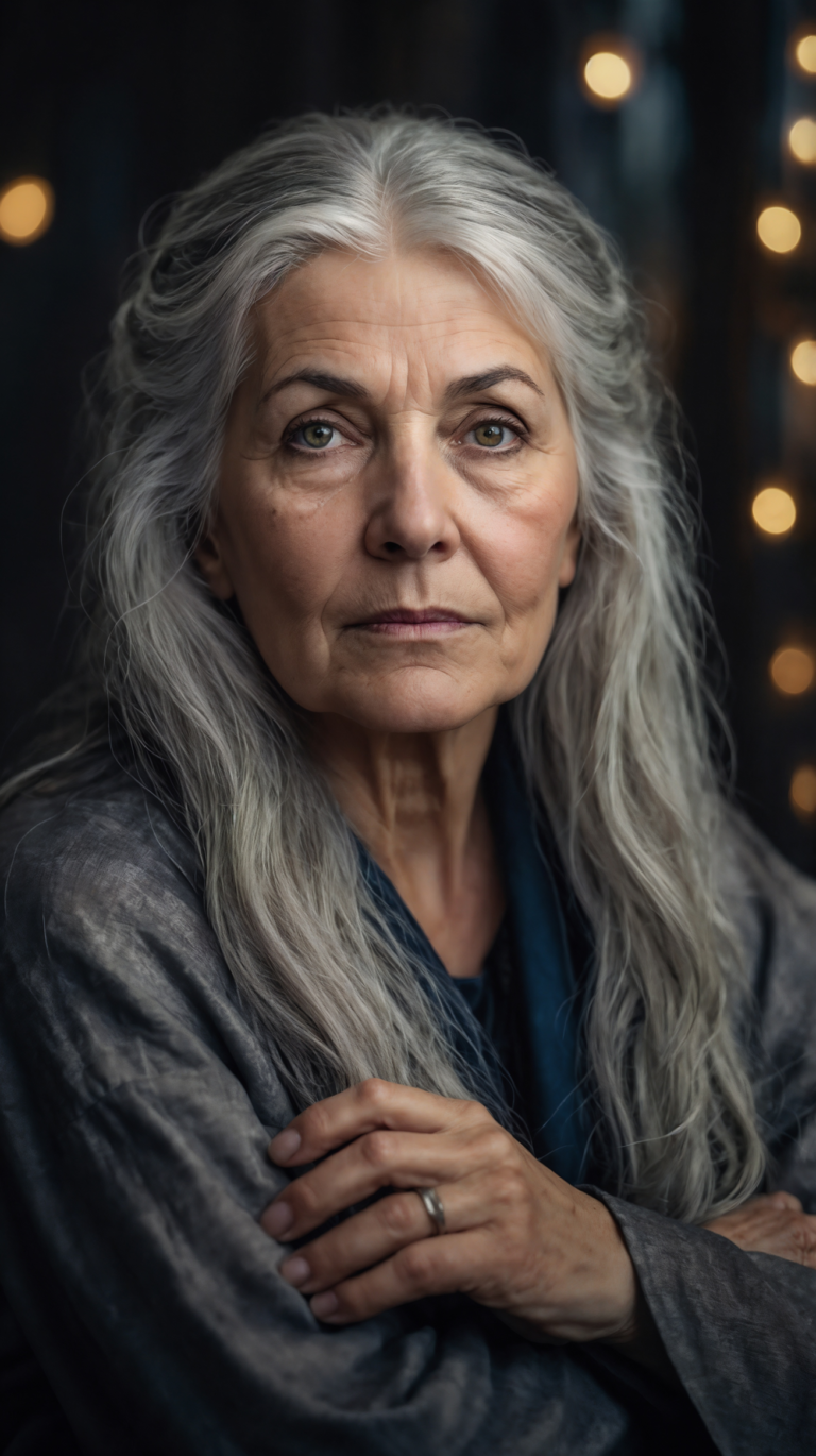 Older woman with silver hair and crossed arms posing confidently with decorative lights in background.