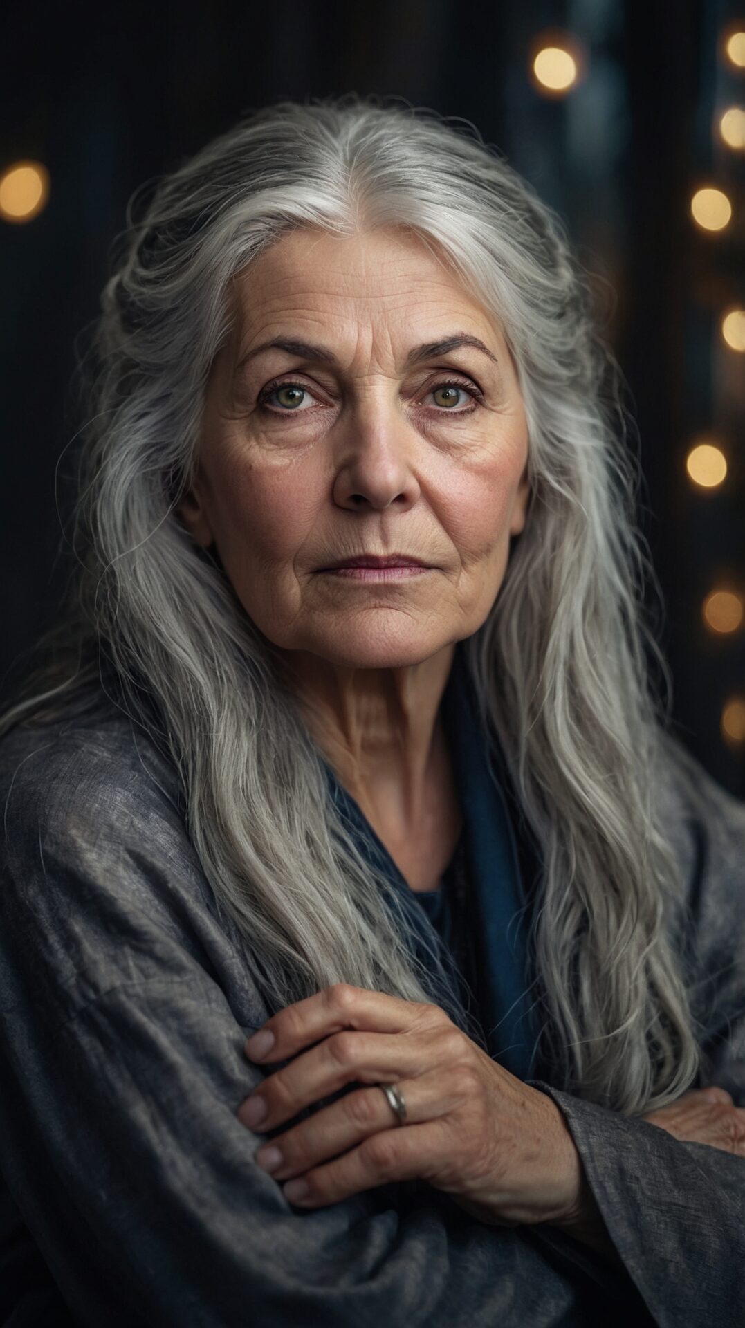 Older woman with silver hair and crossed arms posing confidently with decorative lights in background.