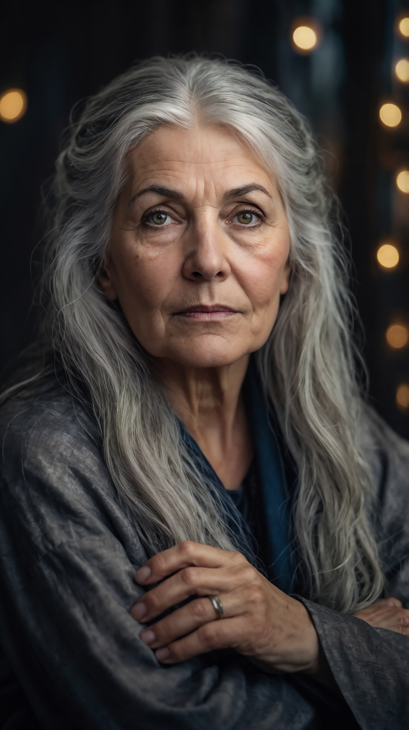 Older woman with silver hair and crossed arms posing confidently with decorative lights in background.