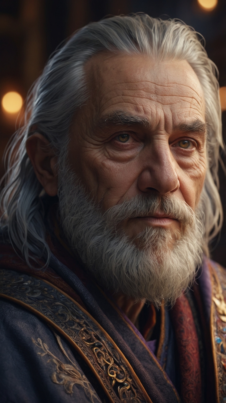 Middle-aged man with gray hair and beard in medieval attire, fantasy-inspired Unreal Engine style.