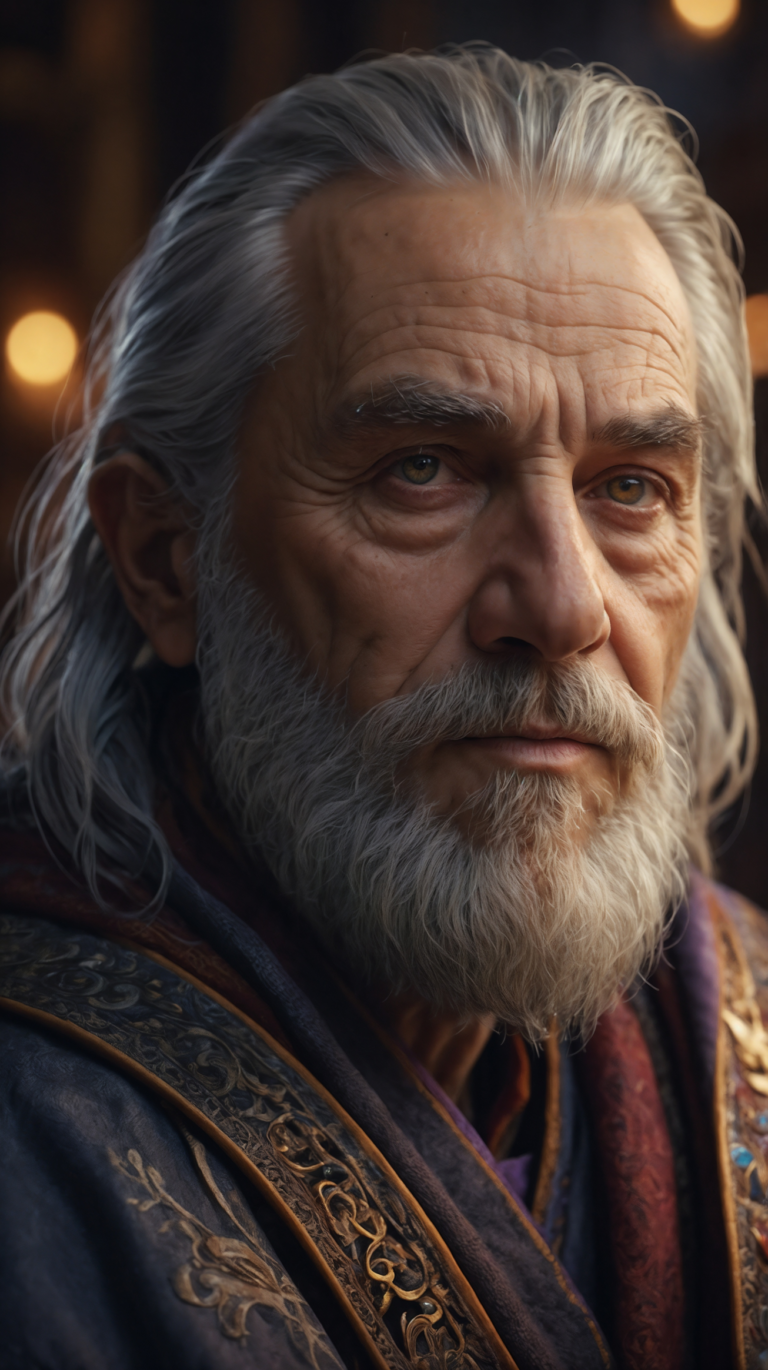 Middle-aged man with gray hair and beard in medieval attire, fantasy-inspired Unreal Engine style.