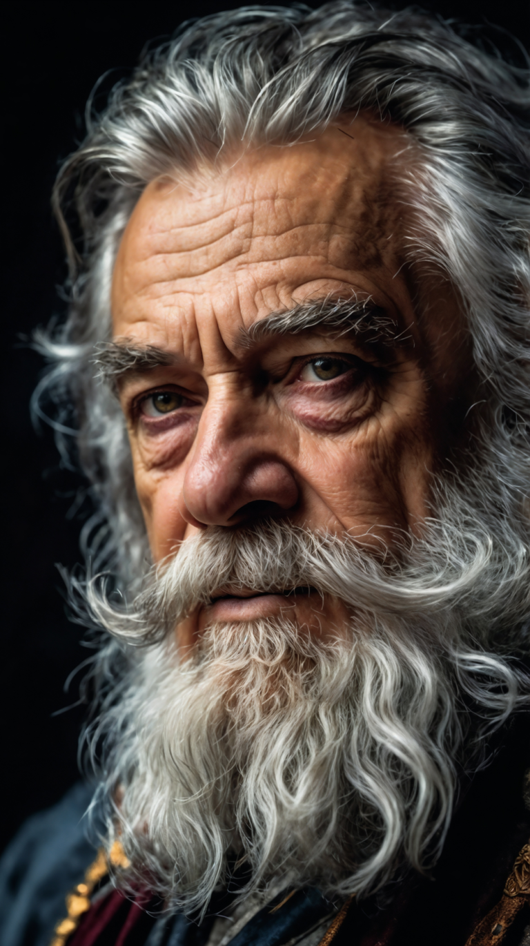 Old man with long white beard and gray hair in medieval attire against dark background.