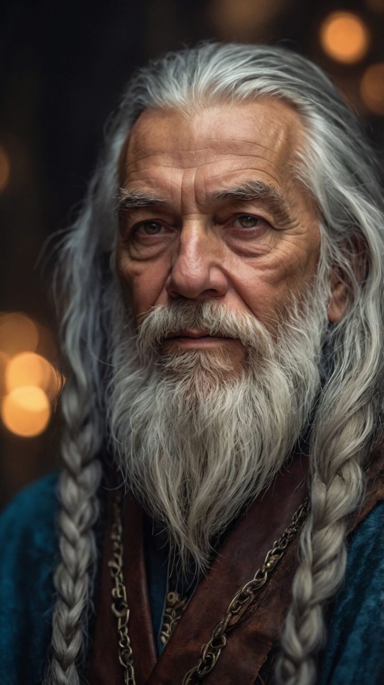 Elderly wizard with long gray hair and braided beard in medieval fantasy setting.
