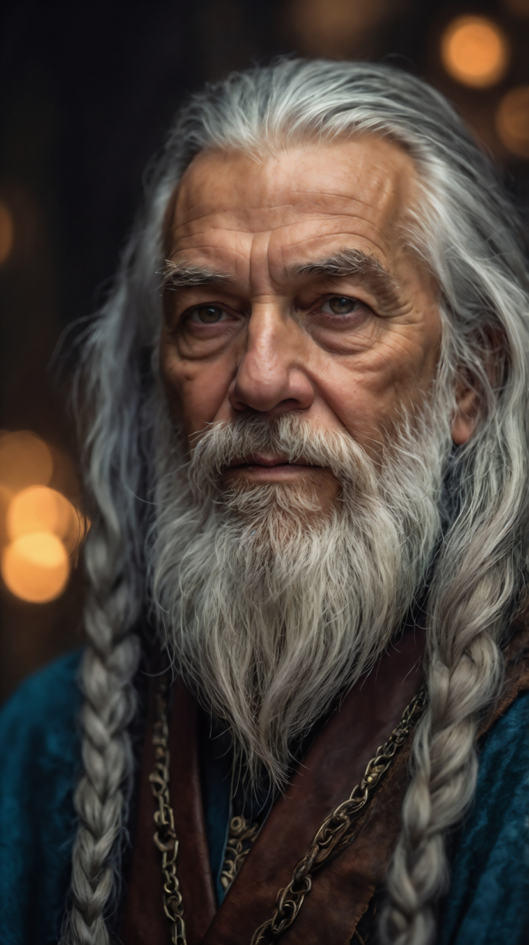 Elderly wizard with long gray hair and braided beard in medieval fantasy setting.