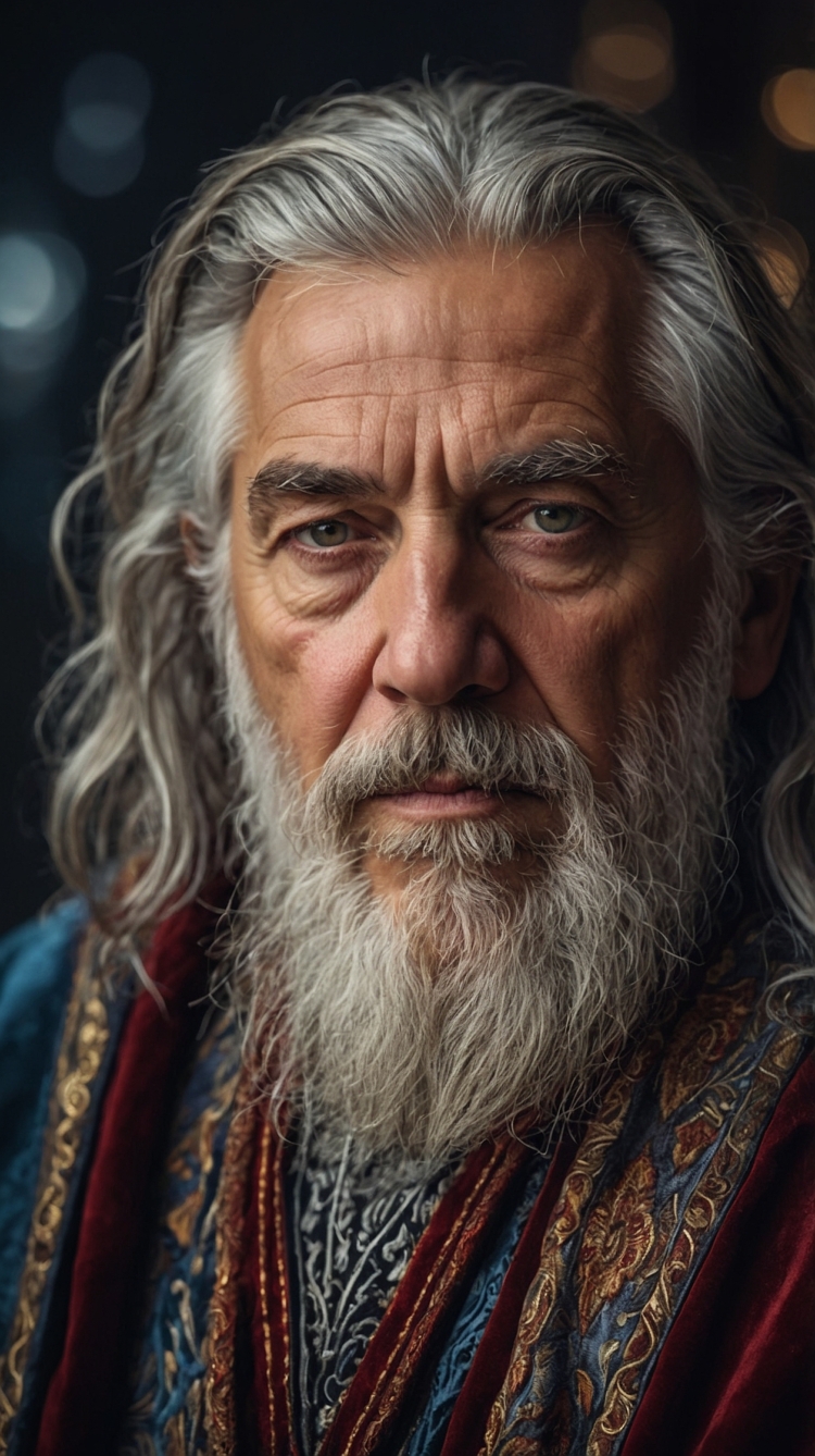 Old wizard in red and blue robes with gray hair and beard against dark palace background.