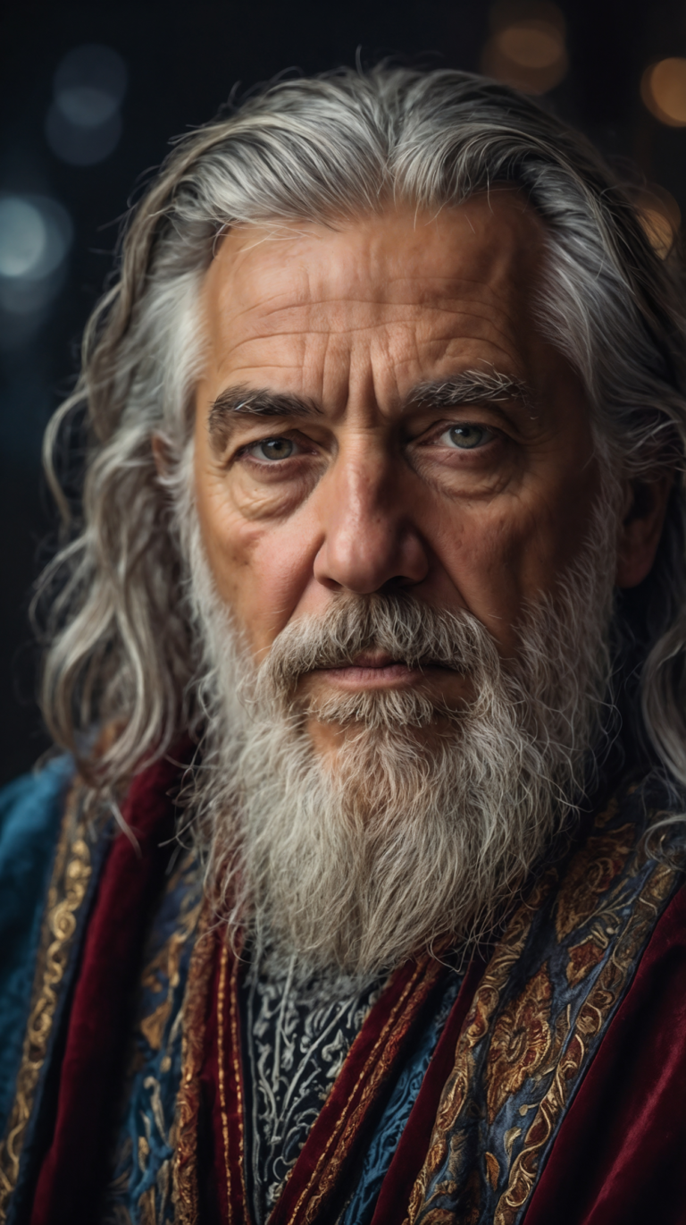 Old wizard in red and blue robes with gray hair and beard against dark palace background.
