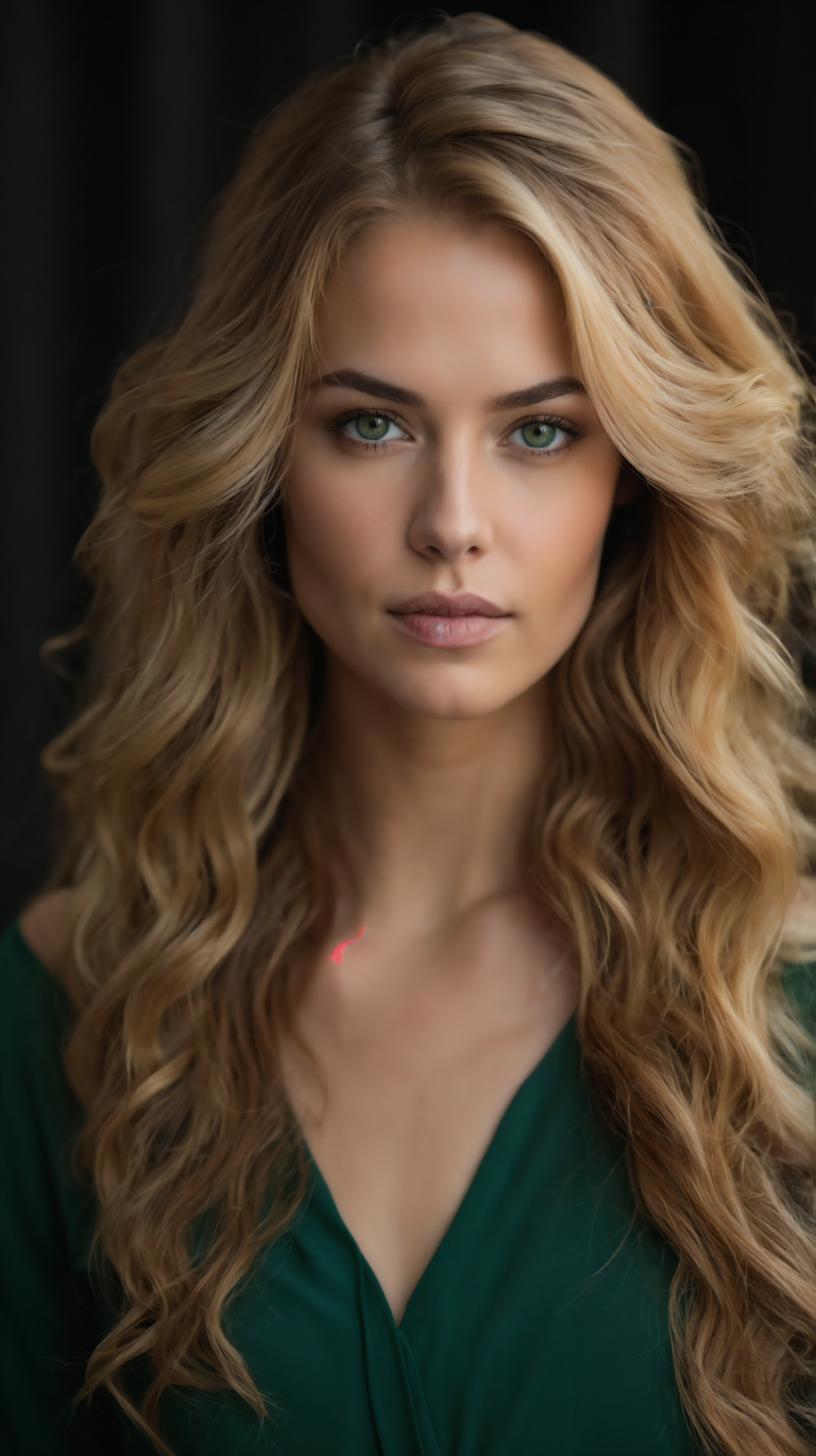Blonde woman with long hair, green eyes, and dark green dress in elegant portrait.