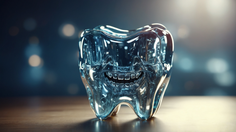 Glass tooth with glowing braces on wooden surface against dark background.