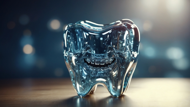 Glass tooth with glowing braces on wooden surface against dark background.