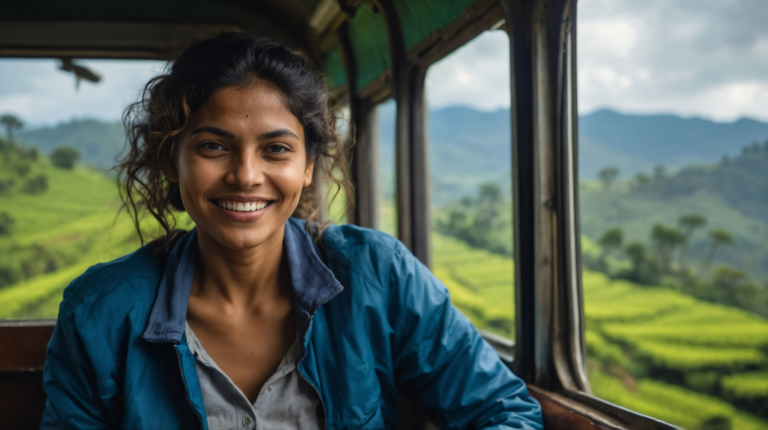 Smiling Indian woman on train with rice fields, hills, and tea plantations in background.
