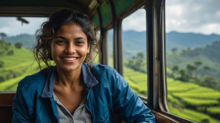 Smiling Indian woman on train with rice fields, hills, and tea plantations in background.