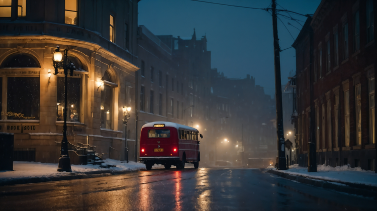 Old red bus driving in snowy downtown at night with glowing yellow lights and fog.