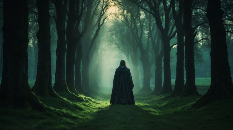 Cloaked figure at forest edge under eerie green light with towering trees.