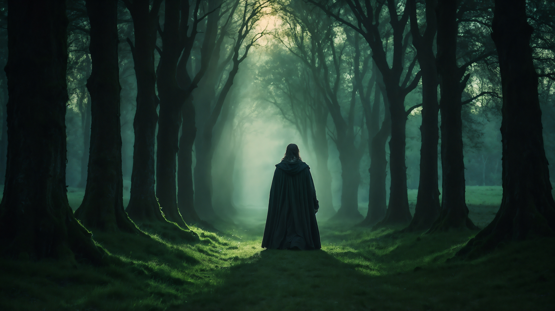 Cloaked figure at forest edge under eerie green light with towering trees.