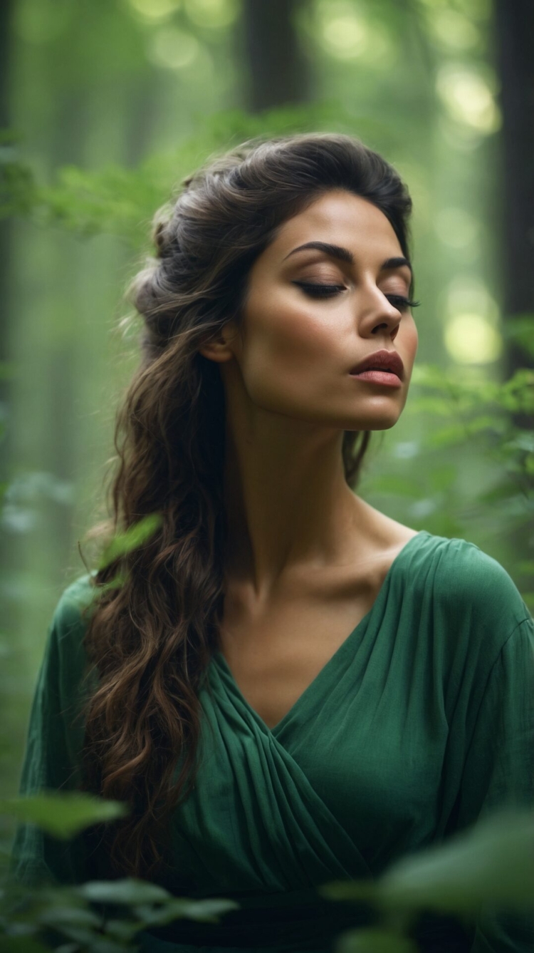 Woman in green dress with eyes closed, calm expression, standing in serene forest with soft natural light.