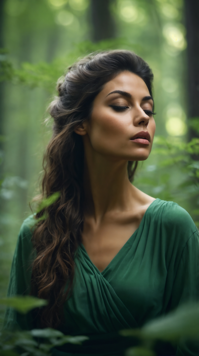 Woman in green dress with eyes closed, calm expression, standing in serene forest with soft natural light.