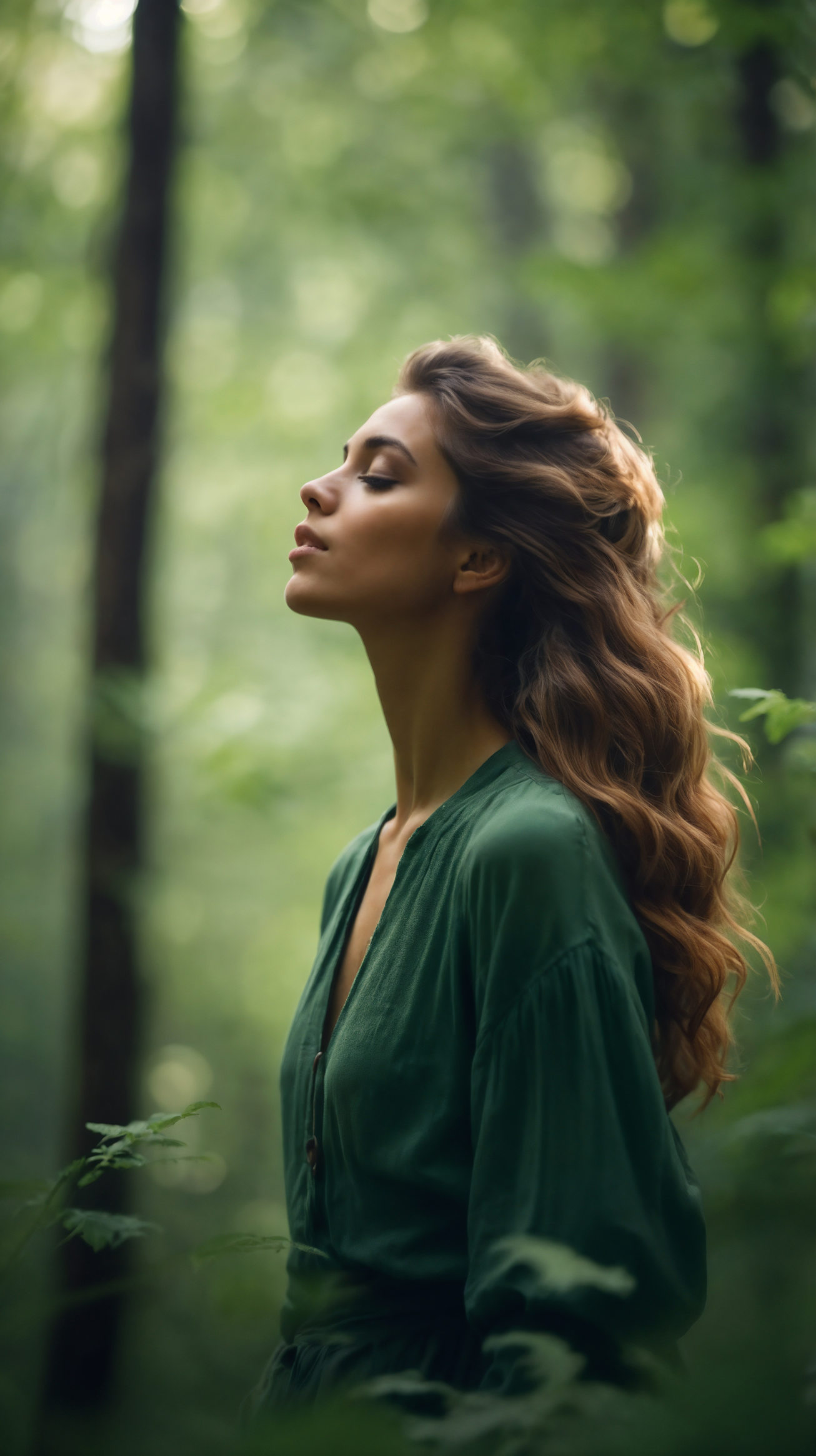 Woman in green dress looking up with eyes closed in forest clearing, surrounded by lush trees.