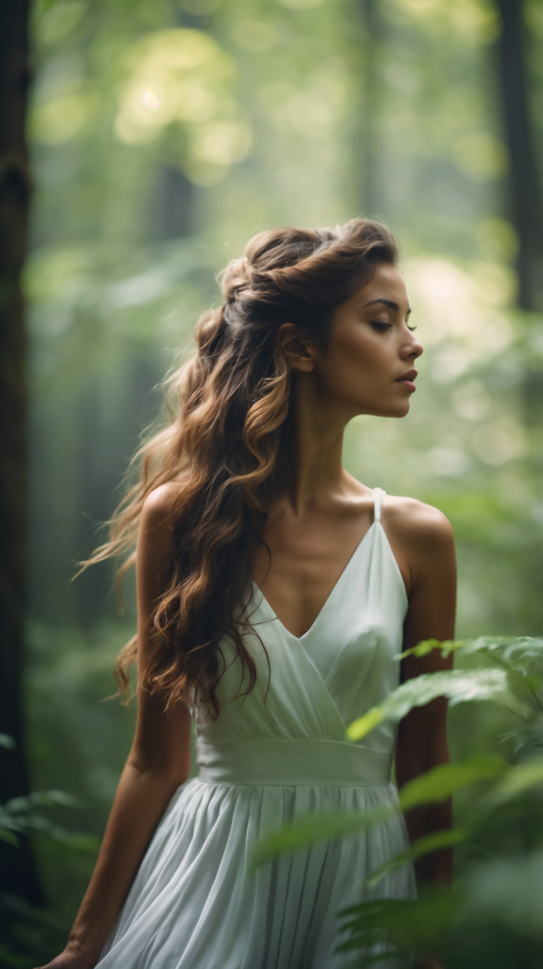woman in white dress, forest portrait, serene atmosphere, ethereal beauty, flowing hair, natural light, lush greenery, tall trees, peaceful mood, nature photography