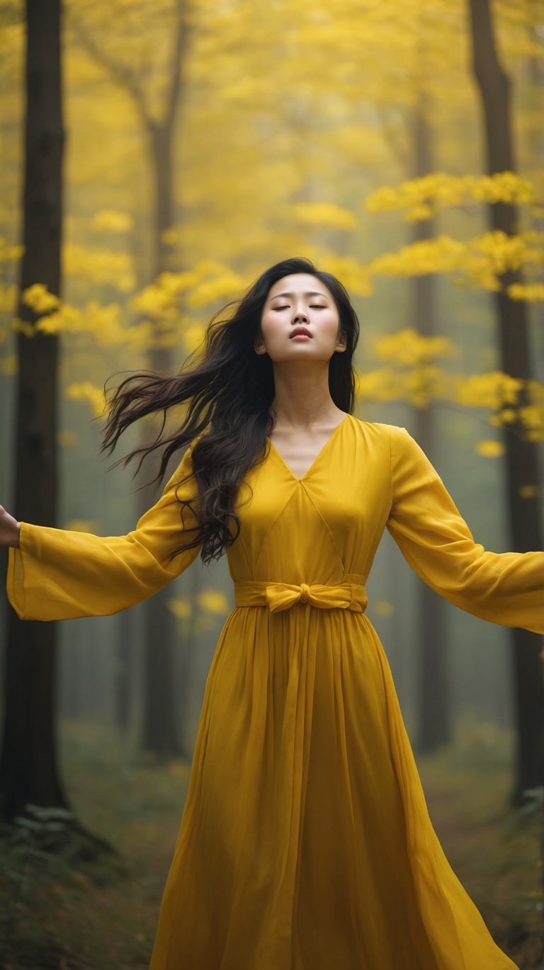 Asian woman in yellow dress with arms outstretched standing in misty autumn forest with golden trees.