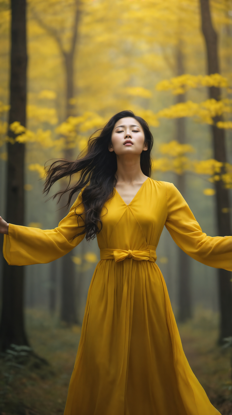 Asian woman in yellow dress with arms outstretched standing in misty autumn forest with golden trees.