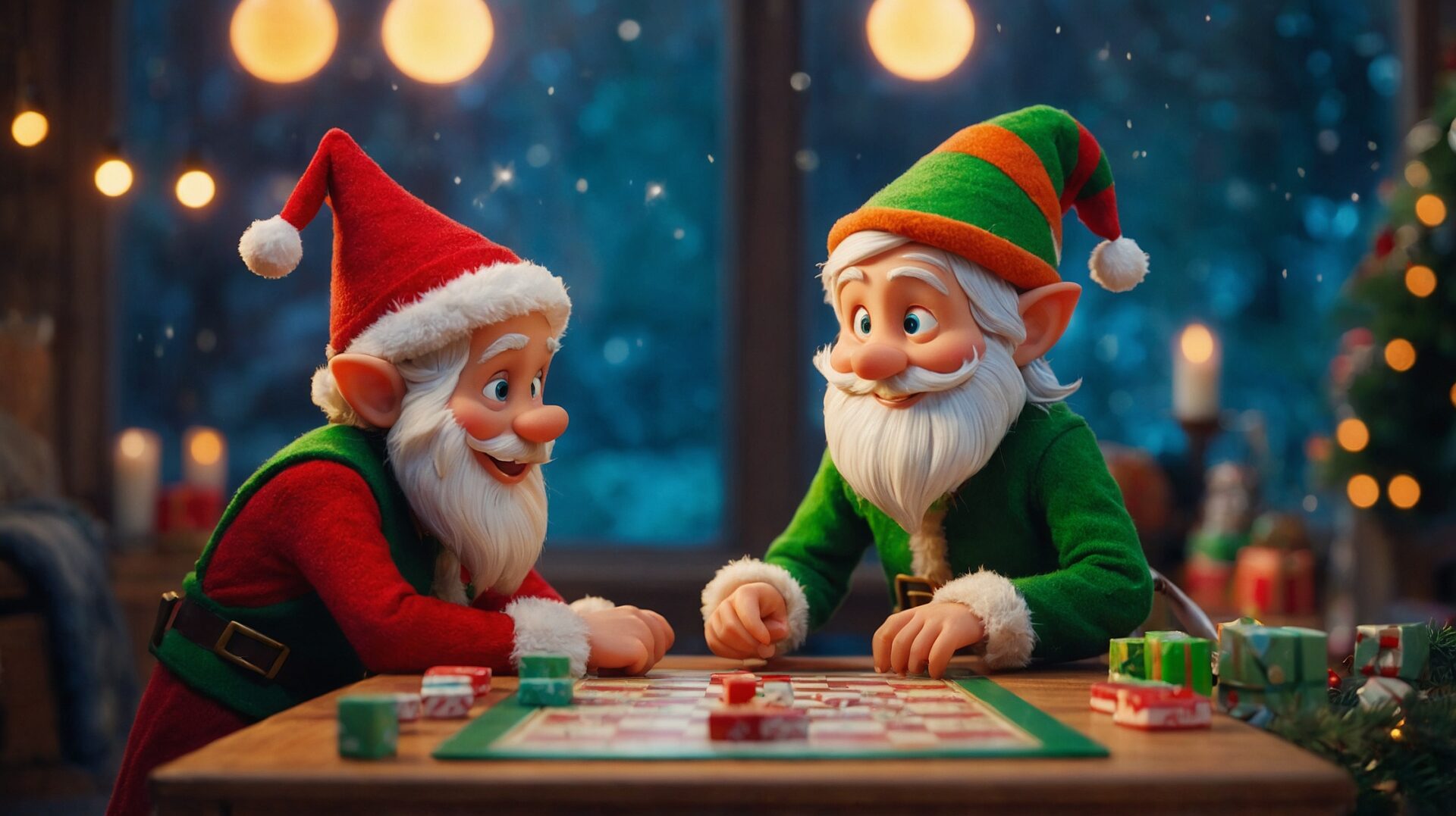 Two Pixar-style elves playing board games at a table in a festive Christmas setting with holiday colors.