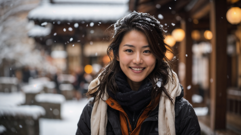 Snowy Day Portrait of Woman in Black Jacket and Scarf in Japa